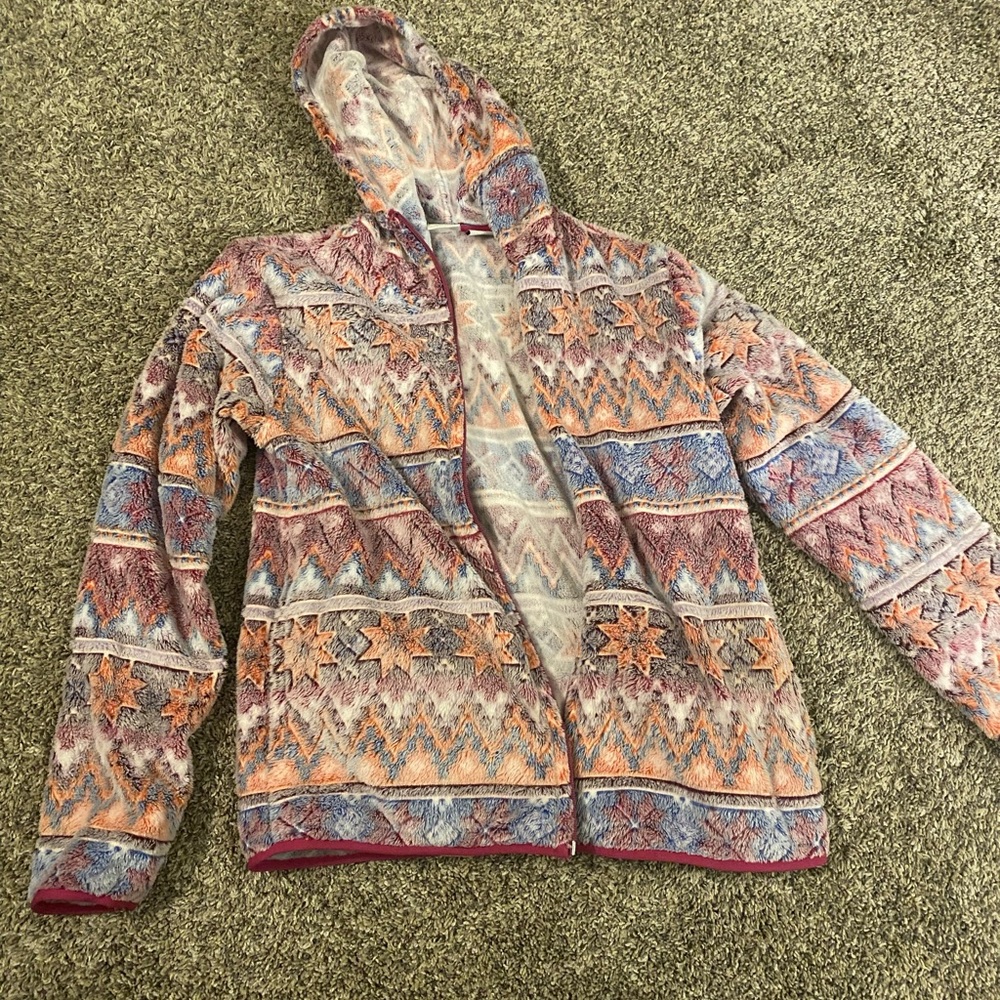 Multicolored Aztec style fuzzy zip up
